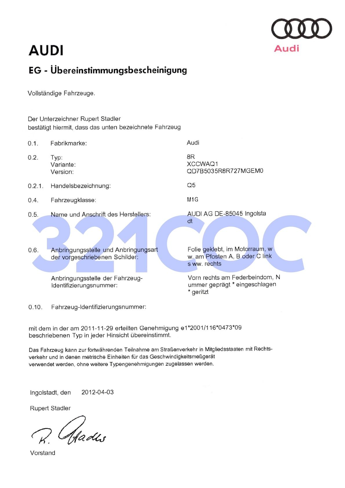 Example of Official Audi COC 